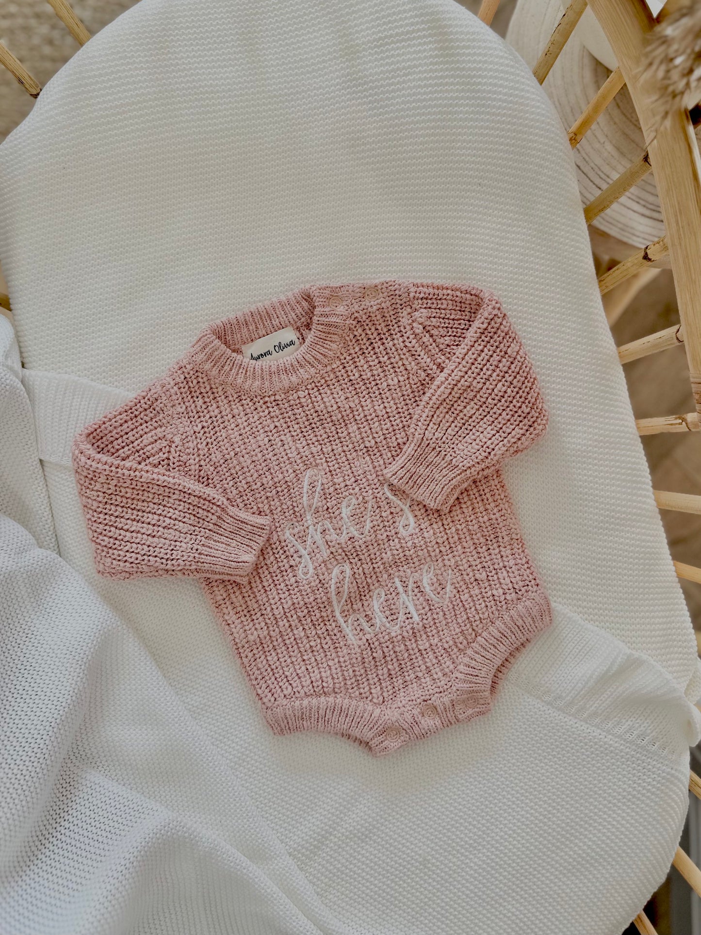 “She’s Here” Chunky Knit Romper