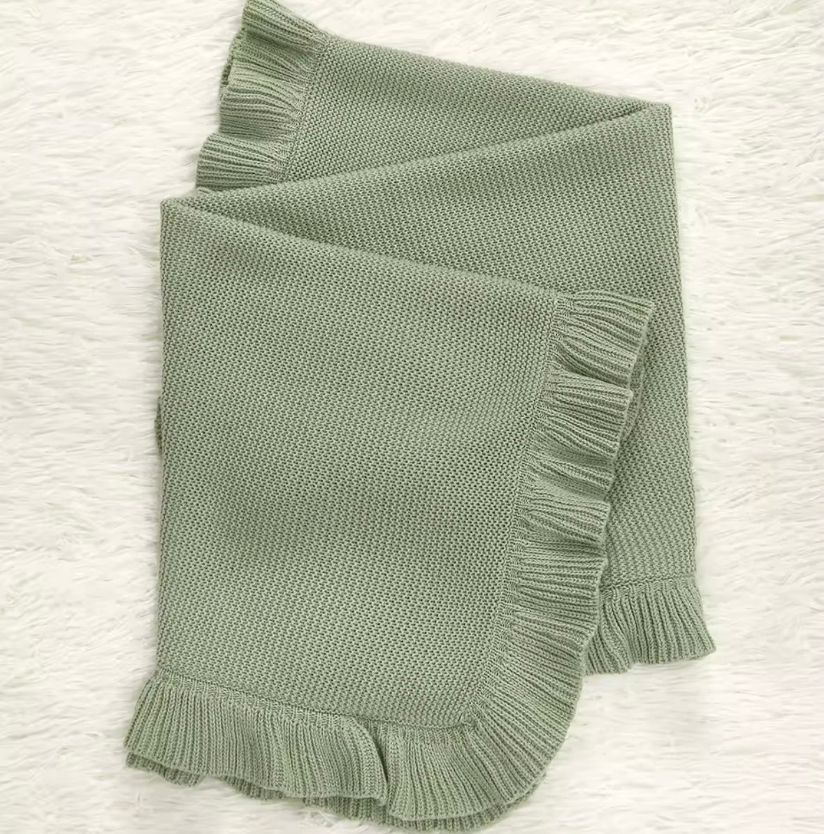 Ruffle Hem Cosy Knit Blanket - Sage