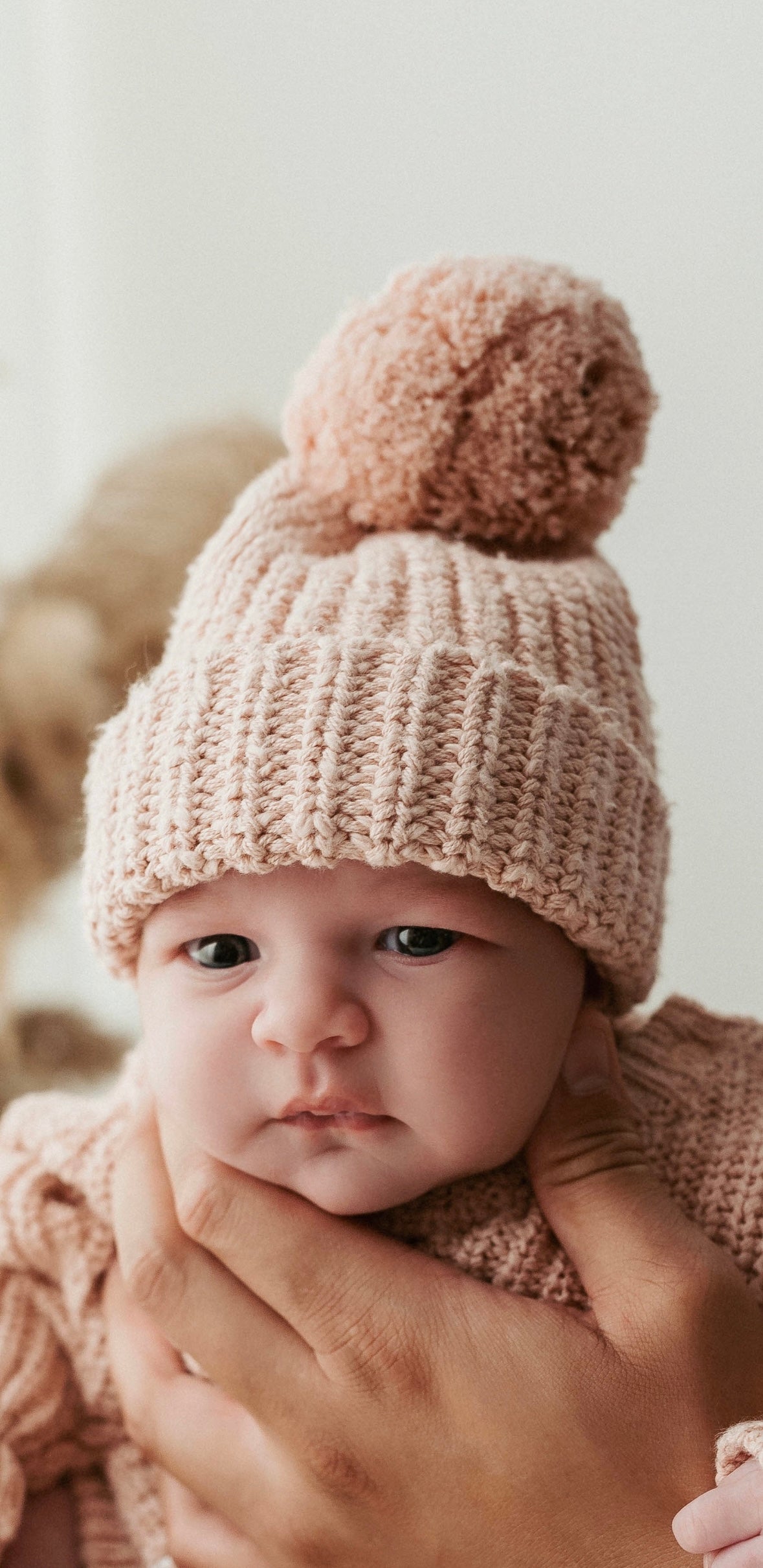 Chunky Knit Pom Beanie and Matching Booties- Blush