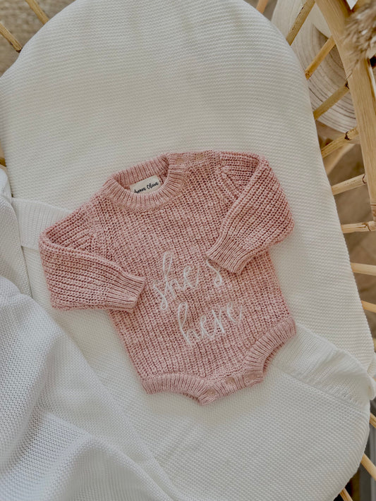 “She’s Here” Chunky Knit Romper
