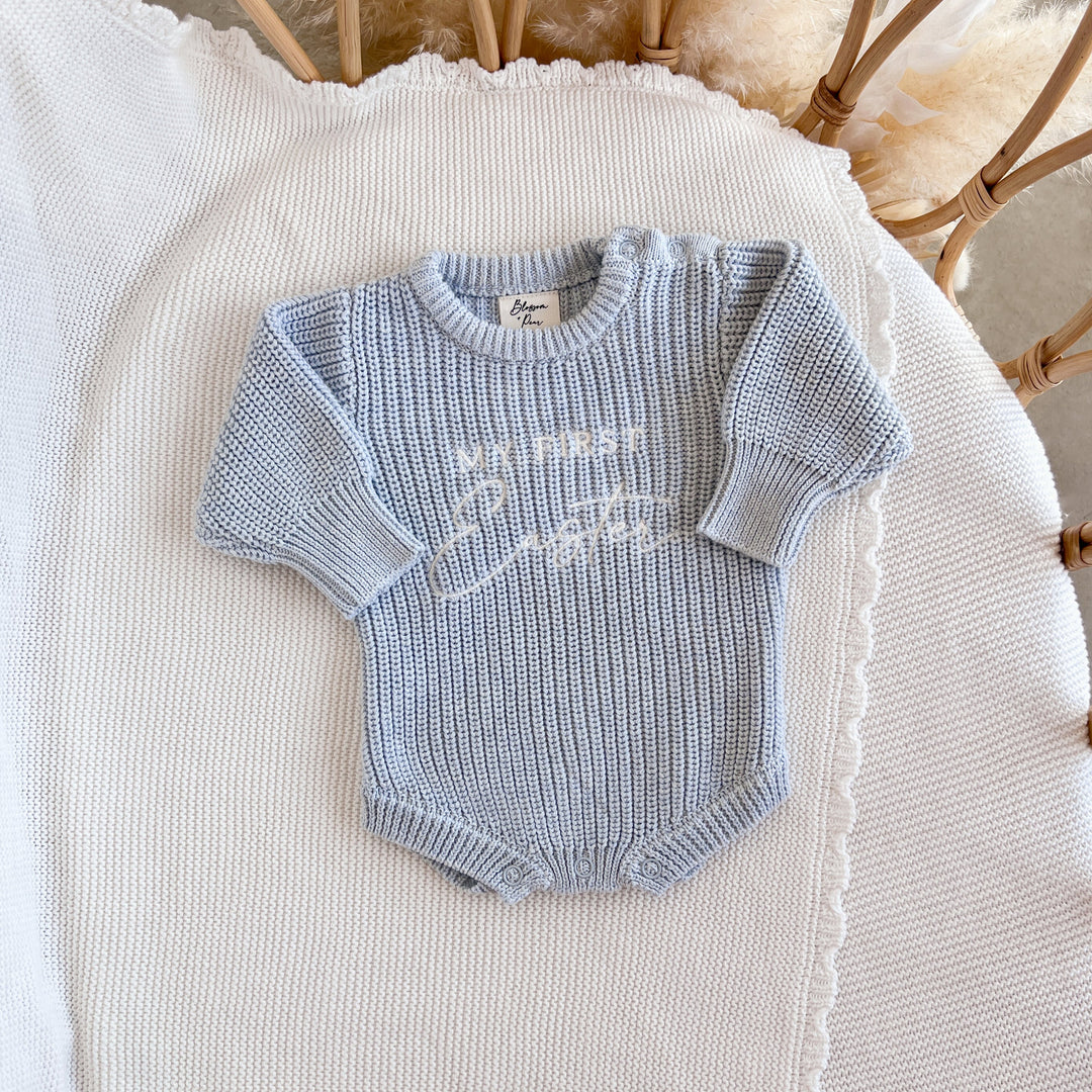 My First Easter' Long Sleeve Knit Romper - Powder Blue