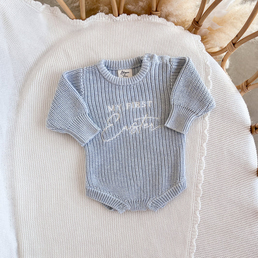 My First Easter' Long Sleeve Knit Romper - Powder Blue