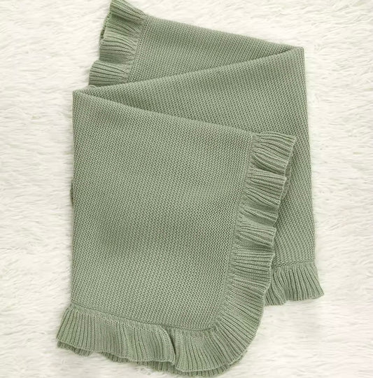 Ruffle Hem Cosy Knit Blanket - Sage
