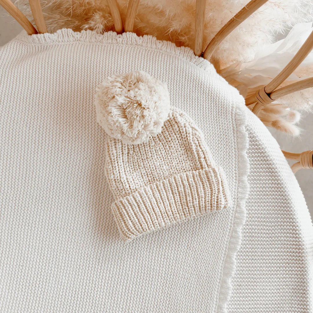 Chunky Knit Pom Beanie - Biscuit