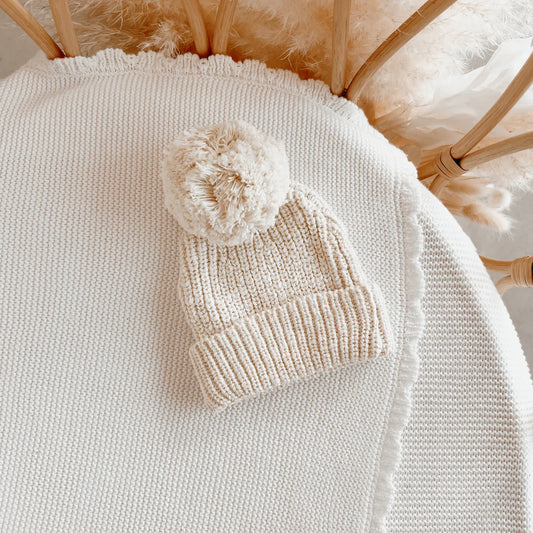 Chunky Knit Pom Beanie - Biscuit