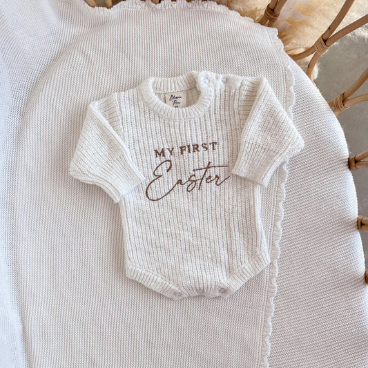 ‘My First Easter’ Long Sleeve Knit Romper - Cloud