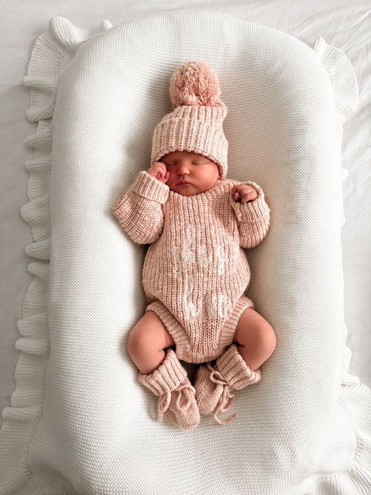 Chunky Knit Pom Beanie and Matching Booties- Blush