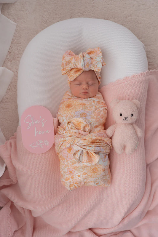 Swaddle Blanket Set - Pastel Bloom (Swaddle Blanket & Bow Headband)